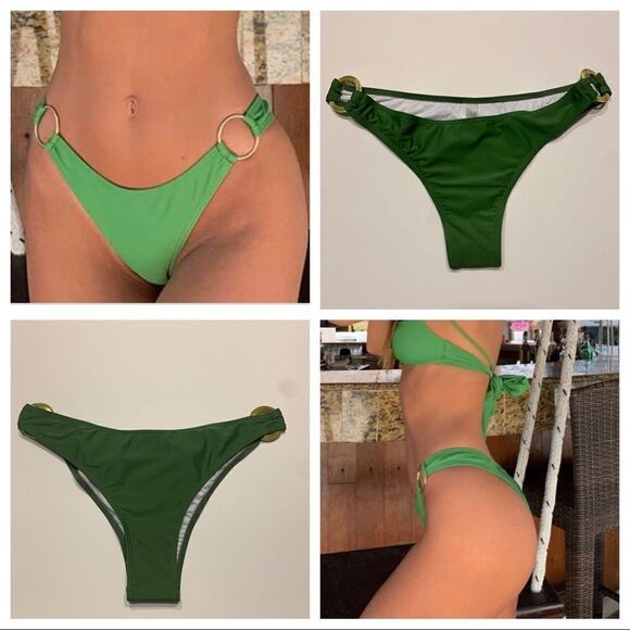 NWOT Olive Green Brazilian Bikini Bottom L Gold - Picture 1 of 9